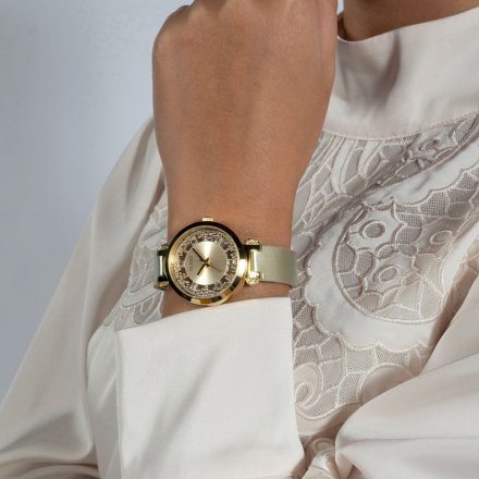Złoty zegarek damski Guess Crystal Clear z kryształkami na tarczy GW0535L4