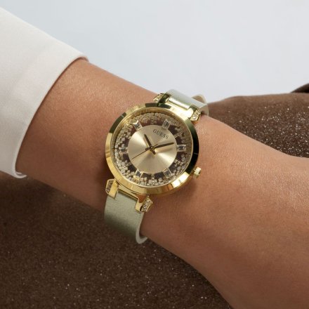 Złoty zegarek damski Guess Crystal Clear z kryształkami na tarczy GW0535L4