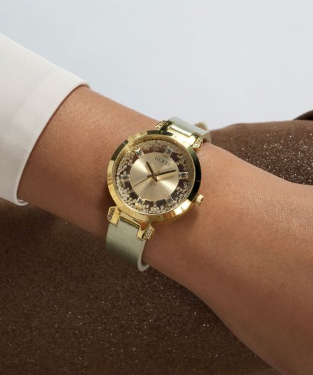 Złoty zegarek damski Guess Crystal Clear z kryształkami na tarczy GW0535L4