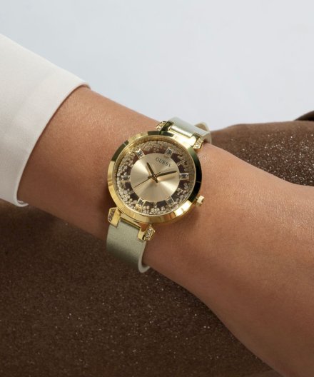 Złoty zegarek damski Guess Crystal Clear z kryształkami na tarczy GW0535L4