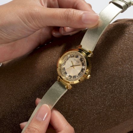 Złoty zegarek damski Guess Crystal Clear z kryształkami na tarczy GW0535L4