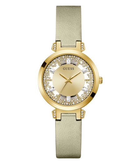 Złoty zegarek damski Guess Crystal Clear z kryształkami na tarczy GW0535L4