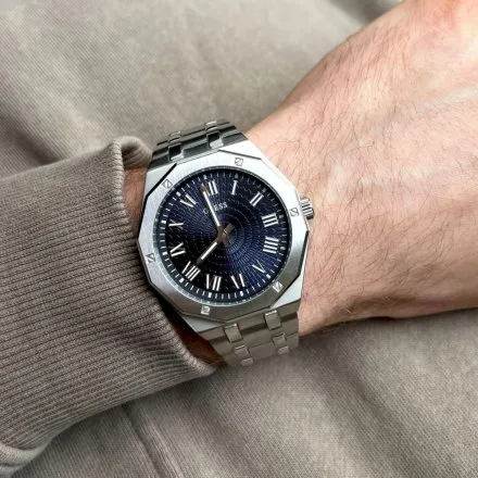 Srebrny męski zegarek Guess Asset niebieska tarcza GW0575G4