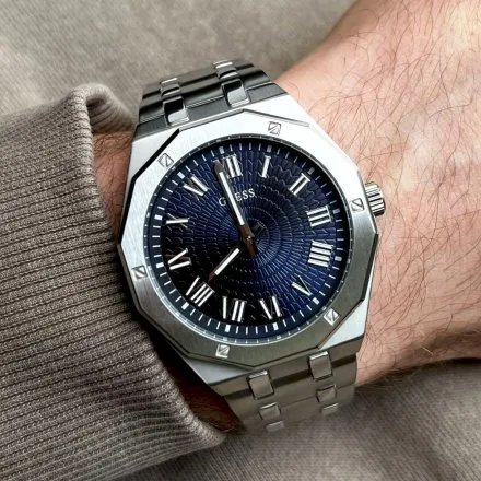Srebrny męski zegarek Guess Asset niebieska tarcza GW0575G4