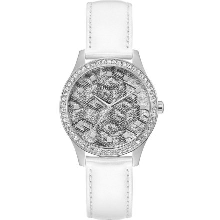 Srebrny zegarek damski Guess G Gloss z białym paskiem GW0608L1