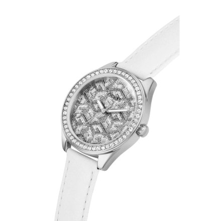 Srebrny zegarek damski Guess G Gloss z białym paskiem GW0608L1