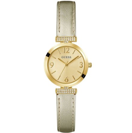 Złoty zegarek damski Guess Array ze skórzanym paskiem GW0614L2