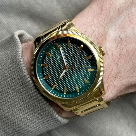 Złoty zegarek męski Guess Dex ciemno zielona tarcza GW0626G2