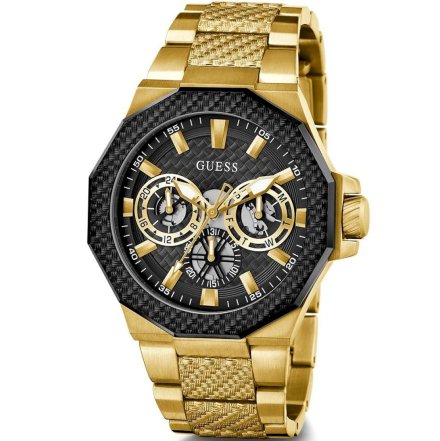 Złoty zegarek Guess Indy z czarną tarczą i multidatownikiem GW0636G2