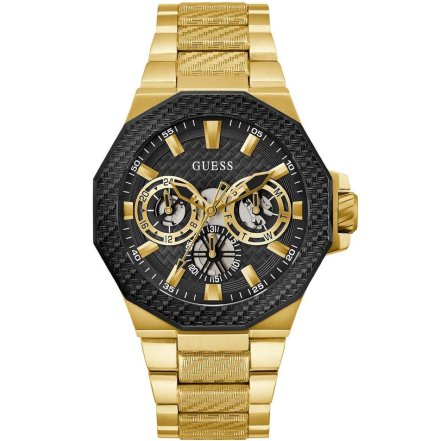 Złoty zegarek Guess Indy z czarną tarczą i multidatownikiem GW0636G2