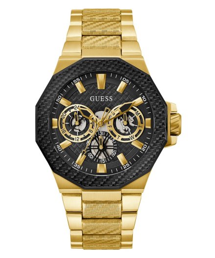 Złoty zegarek Guess Indy z czarną tarczą i multidatownikiem GW0636G2