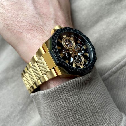 Złoty zegarek męski Guess Indy z czarną tarczą i multidatownikiem GW0636G2