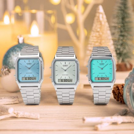 Srebrny zegarek Casio AQ-230A-2A1MQYES Vintage z błękitną tarczą w stylu Retro ze wskazówkami