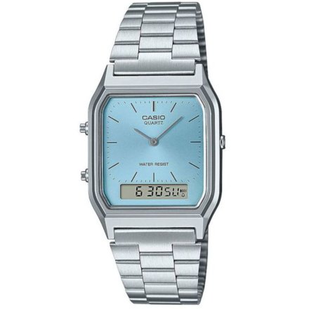 Srebrny zegarek Casio AQ-230A-2A1MQYES Vintage z niebieską tarczą w stylu Retro ze wskazówkami