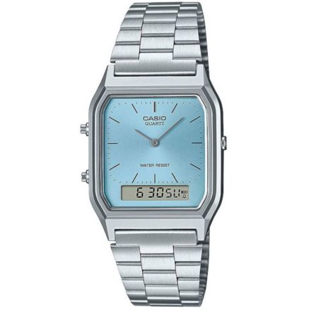 Srebrny zegarek Casio AQ-230A-2A1MQYES Vintage z błękitną tarczą w stylu Retro ze wskazówkami