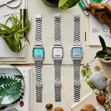 Srebrny zegarek Casio AQ-230A-2A2MQYES Vintage z tarczą Tiffany Blue w stylu Retro ze wskazówkami