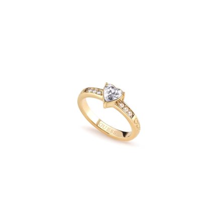 Złoty pierścionek Guess z kryształem sercem IT'S RAINING RINGS JUBR03175JW r.12