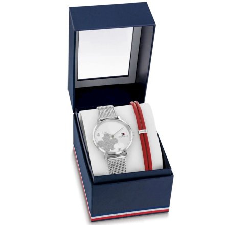 Zestaw srebrny zegarek damski Tommy Hilfiger Tea + czerwona bransoletka 2770155