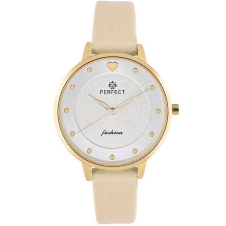 Złoty damski zegarek z beżowym paskiem PERFECT E348-05