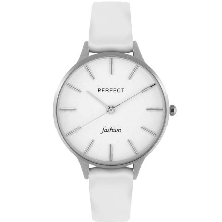 Srebrny damski zegarek z białym paskiem PERFECT E355-01