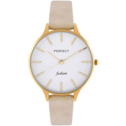Złoty damski zegarek z beżowym paskiem PERFECT E355-06