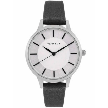 Srebrny damski zegarek z czarnym paskiem PERFECT E359-02