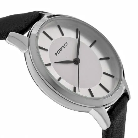 Srebrny damski zegarek z czarnym paskiem PERFECT E359-02