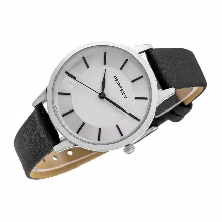 Srebrny damski zegarek z czarnym paskiem PERFECT E359-02