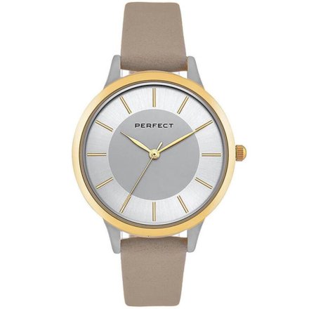 Srebrno-złoty damski zegarek z szarym paskiem PERFECT E359-07