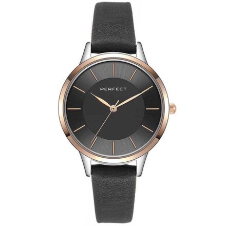 Srebrno-różowozłoty damski zegarek z czarnym paskiem PERFECT E359-08