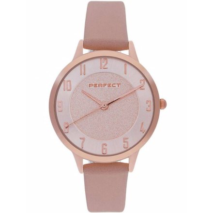 Różowozłoty damski zegarek z różowym paskiem PERFECT E387-04