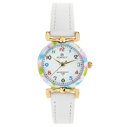 Złoty dziecięcy zegarek z białym paskiem PERFECT LP004-04