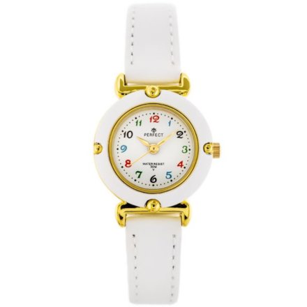 Złoty dziecięcy zegarek z białym paskiem PERFECT LP152-01