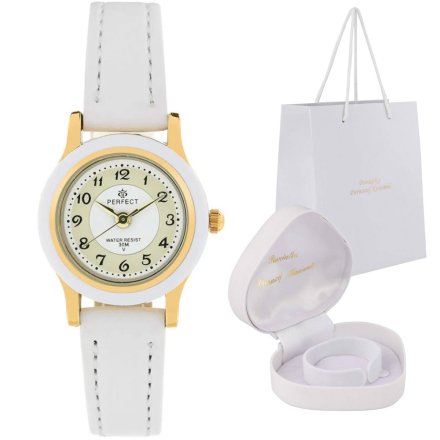 Prezent na Komunię dla dziewczynki klasyczny zegarek na białym pasku pudełko Serce LP195-033