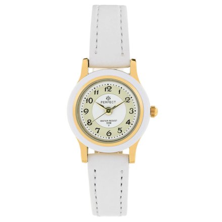 Złoty dziecięcy zegarek z białym paskiem PERFECT LP195-033