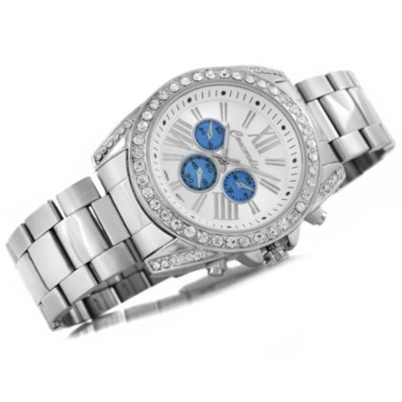 Modny srebrny damski zegarek z cyrkoniami błękitne okręgi CONCORDIA CDBA37-1