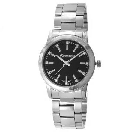 Srebrny klasyczny damski zegarek z bransoletą czarna tarcza CONCORDIA CDBA39-2