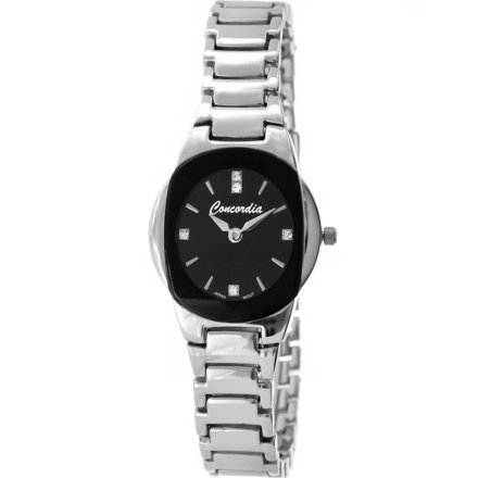 Srebrny klasyczny damski zegarek z bransoletą czarna tarcza CONCORDIA CDBA34