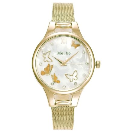 Złoty damski zegarek z motylkami na tarczy z bransoletą MEI BO G