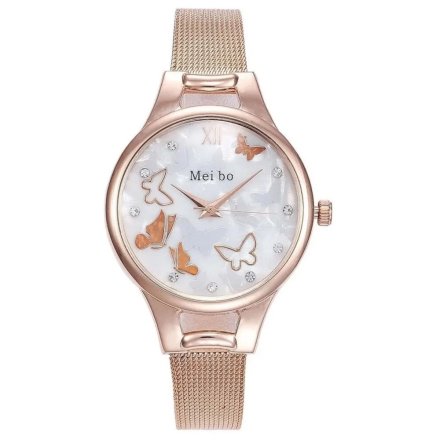 Różowozłoty damski zegarek z motylkami na tarczy z bransoletą MEI BO RG