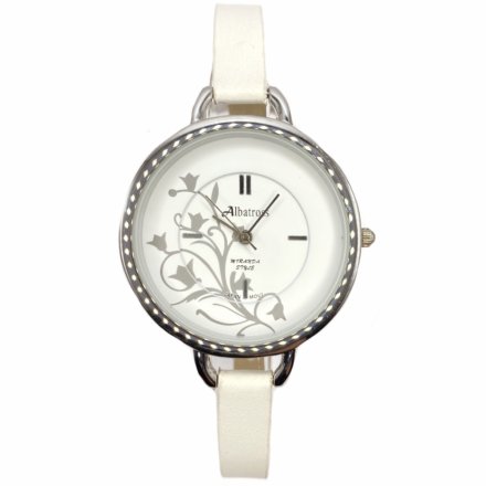 Srebrny damski zegarek z białym paskiem ALBATROSS ABAB16-1