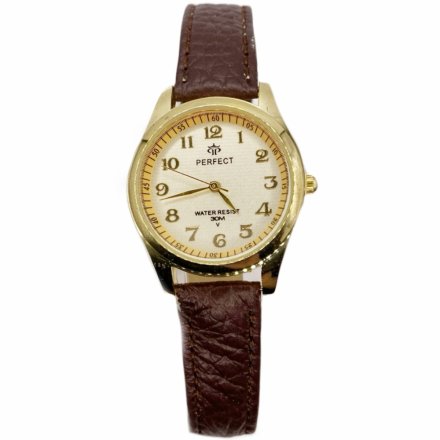 Złoty damski zegarek z brązowym paskiem PERFECT A3004L