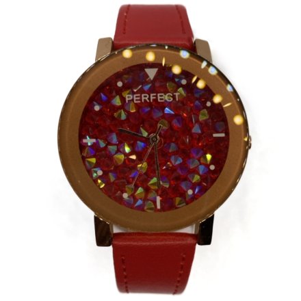Różowozłoty damski zegarek z czerwonym paskiem PERFECT A581-1