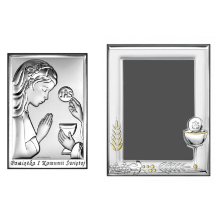 Komplet obrazek srebrny z dziewczynką + ramka Pamiątka I Komunii Świętej BC6494ASET