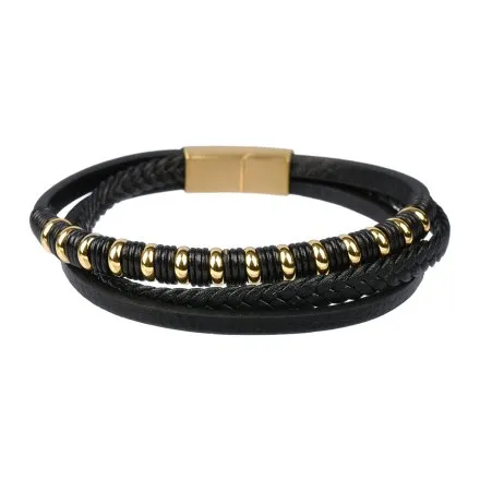 Czarno-złota potrójna skórzana bransoletka męska Pacific LB-007-G1