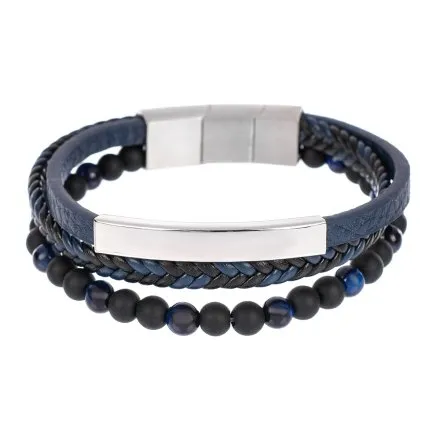 Czarno-niebieska skórzana bransoletka męska koraliki Pacific LB-032-S2