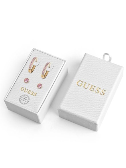 Zestaw biżuterii Guess 2x złote kolczyki Guess kółka różowe kryształy JUBS01814JW