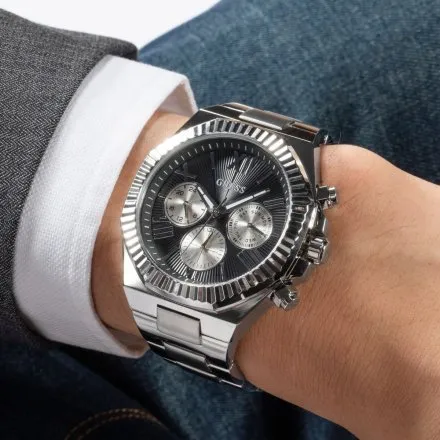 Guess Equity zegarek męski srebrny na bransolecie czarna tarcza GW0703G1