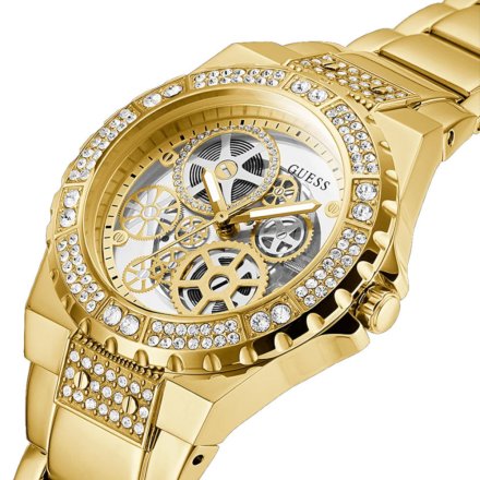 Złoty zegarek Guess Reveal z widocznym mechanizmem i bransoletką GW0302L2