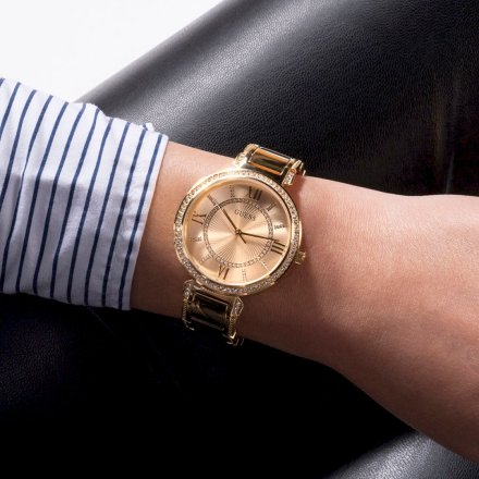Złoty zegarek damski Guess Montage z zestawem pasków i kryształami GW0588L1